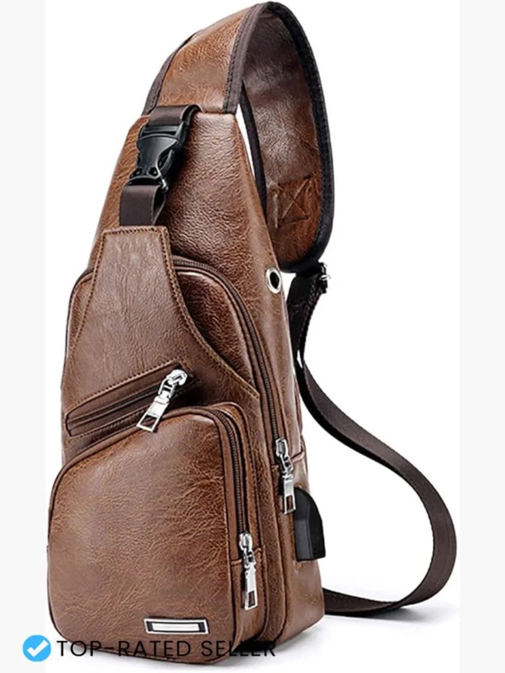 Leather Sling Bag Crossbody Chest Backpack for Men with USB Charge Port Large